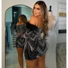 Sıradan elbiseler moda elmas rhinestones kapalı omuz doğum günü bodycon midi elbise seksi parti bile vestidos