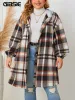 Outwear gibsie plus size casual mistura de lã longo xadrez casaco feminino 2023 outono inverno cordão com capuz único breasted tartan jaqueta nova