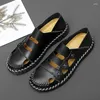 Sandals Men's Business Casual Leather Shoes Summer Mesh Breathable Flat Large Size Vulcanized Fashion Hollow Loafers