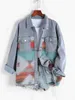 Kadın Ceketler Tasarımcısı Etnik Aztek Baskılı Tenaflı Flep Cep Uzun Kollu Gömlek Retro Western Denim Birleştirilmiş - Multi -E s 240301