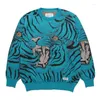 Pulls pour hommes Style Wacko Maria Pull tricoté Hommes Femmes Tigre Jacquard Bleu Blanc Kaki Sweat-shirts surdimensionnés