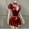 Scene Wear Sexy Rhinestones Red Sequin Shorts Dress Nightclub Bar DJ Performance Costumes Women Gogo Dancers Party DN17298