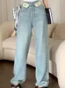 Calças de brim femininas rua carta solta harajuku azul feminino calças jeans primavera verão cintura alta em linha reta perna larga senhora calças