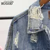 Женские куртки RUGOD 2018, потертые джинсы с буквенным принтом, женское осенне-зимнее джинсовое пальто с дырками, женские куртки-бомберы Casaco 240301
