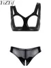 Set di reggiseni Set di lingerie sexy a torso nudo da donna Completo intimo in pelle verniciata Coppe aperte Reggiseno con mutandine senza cavallo Abbigliamento da notte Clubwear