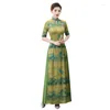 Vêtements ethniques Summer Amélioré Green Print Cheongsam Femmes Élégant Style chinois Manches courtes High Split Aodai Qipao
