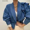 Kvinnors jackor jackor ardm koreansk chic ruffle tiered design midja stängde kort denim kvinnor lapel office jean coat ytterkläder 240301
