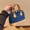 Klassische Mode, Luxus-Designer-Damen, klassisch, allover bedruckt, Denim, abnehmbarer Schultergurt, Canvas und Lederbesatz, Mini-Shell-Handtasche, Umhängetasche, ohne Box