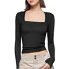 T-shirts Femmes Femmes Casual Col Carré À Manches Longues Top Couleur Unie Slim Fit Chemise Double Doublure Automne Basic Layered Crop Tops Streetwear