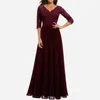 Casual Jurken Dames Elegante Lange Avondjurk Feest Bruiloft Vintage Effen Kleur V-hals Kant Stiksels Mid-Sleeve Maxi Gewaden