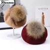 Otoño Invierno Niños Boinas de lana cálidas para niñas con sombrero con pompón de piel de mapache natural para mujeres 240226