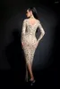 Stage Wear Argent Strass Mesh Sans Manches Moulante Longue Robe Sexy Transparent Celebrity Chanteur Modèle Soirée Costume