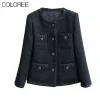 Blends Women 2023 New Collection Winter Clothes Women Elegant Oneck Black Tweed Jacket Korean Fashion Wool Coats Outwears