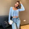 Women's T Shirts 2024 Women Sexy Flower Embroidery Blue Lace Up Cardigan And O Neck Long Sleeve Camis Crop Top Autumn Tops Knit Streetwear