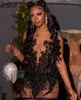 Robes de soirée sexy petit noir pour les femmes paillettes courtes plumes robes de bal col transparent filles robe d'anniversaire