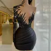 Aso Ebi Cocktail Dresses Short Prom Dresses High Neck One Shoulder Tulle Sleeves Appliqued Lace Beaded Formal Dresses for African Black Girls 073