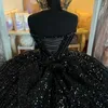 2024 Zwart Glanzend Sweetheart Quinceanera Jurken Off-shoulder Lovertjes Kralen Kapel Trein Korset Gala Vestido De Debutante 15 Butante Butante Butante Butante