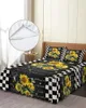 Sängkjol Retro Flower Sunflower Bee Plaid Elastic Montered Bed Steread With Pillow Cases Madrass Cover Bedding Set Sheet