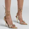 Designer Rhinestone High Heels Kvinnor pekade öppen tå strappy Sandals Dinner Party Fashion Luxury Pumps EU35-42