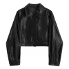 Jackor Kvinnor Crop Tops Imitation Leather Jacket Solid Color Black Long Sleeve Button Open Front Lapel Coat med fickor 2023 Streetwear