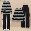 Passar kvinnor Autumn Winter Stripe Sweatshirt Black Cargo Pants 1 eller 2 Piece Set Lady Ladic Loose Tops Jeans Outfits 2023 Nya byxor