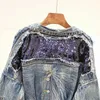 Giacche da donna New Fashion Paillettes pesanti Jeans corti sfilacciati in denim Studente Streetwear Jeans strappati Cappotti1 240301