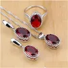 Charm Mystic Red Zircon Sterling Sier Jewelry Sets For Women Wedding Accessories Earrings/Pendant/Necklace/Rings Drop Delivery Dhtbz