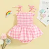 Dziewczynki letnia sukienka bez rękawów Pink Plaid Ruffle Romper Sukienka lub sukienka 240228