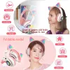 Headphones Qearfun Flash Light Cute Cat Ear Headphones Wireless with Mic Can close LED Kids Girl Stereo Phone Music Bluetooth Headset Gamer