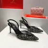 Rene Caovilla Sandals 패션 여성 포인트 발가락 랩 레이스 메쉬 크리스탈 장식 7.5cm 하이힐 드레스 신발 발목 스트랩 캐주얼 파티 디자이너 웨딩 신발 35-43