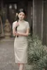 Abbigliamento etnico Abito vintage cheongsam in pizzo a maniche corte per ragazza Qipao cinese in chiffon con perline con colletto alla coreana vintage
