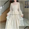 Grundlegende lässige Kleider Spitze Vintage-Kleid Frauen Langarm Quadratische Farbe Elegante Midi-Lolita-Party 2023 Winter Einteiliges koreanisches Fash Dhqfr