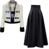 2024 New Little perfume Two Piece Street Fashion V-Neck Tweed Jacket+High Waist A-Line Ski Belt Split Pants 240301