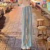 Calças femininas tie-dye plissado mulheres gelo-seda estilo coreano cintura alta verão fino flacidez sensação reta sweatpants primavera y2k