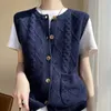 Cardigan sans manches en laine Pure pour femmes, tricot, diamant, col rond, châle tricoté, manteau coréen, haut confortable, printemps et automne