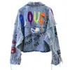Jaquetas femininas jaquetas denim primavera graffiti rebite jean buracos moda menina outerwear casaco 240301