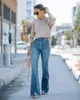 Damen Jeans Flare High-Waist Split Y2k Straight Loose Wide-Leg Hose Slim Fit Vintage Washed Denim Long