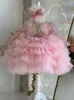 Long Sleeve Flower Dress New Wedding Cute Princess Ruched Little Girl Tutu Gowns Party Dresses For Girls Kids Formal Wear Elegant Birthday Gown 403