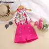 Kleidung Sets ProWow Sommer Mädchen Kleidung Outfit Ärmelloses Drucken Neckholder Top Und Taste Shorts Kinder Anzug Für 4-7Y