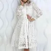 Robes décontractées Mode dentelle évider robe femme élégante taille cravate bouton a-ligne solide blanc fête de vacances dame