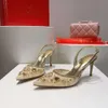 Rene Caovilla Sandals 패션 여성 포인트 발가락 랩 레이스 메쉬 크리스탈 장식 7.5cm 하이힐 드레스 신발 발목 스트랩 캐주얼 파티 디자이너 웨딩 신발 35-43