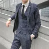 Костюмы Полосатый мужской костюм 3 предмета Пиджаки + брюки Модный корейский Slim Fit Повседневный мужской смокинг свадебные мужские костюмы Жених костюм мужской деловой