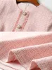 Evnisi vestido rosa para mulheres tweed retalhos malha peter pan colarinho vestidos senhora do escritório xadrez vestidos outono e inverno 240226