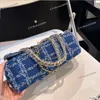 ブループレーンニットツイード女性デザイナーショルダーバッグクラシックフラップ20/25cmストライプ装飾ゴールドメタルハードウェアマットラスチェーンクロスボディハンドバッグ贅沢財布
