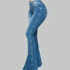 Jeans femininos mulheres 2024 verão cintura alta estiramento flare perna larga bunda levantada casual estilo coreano magro sino inferior bolso denim calças