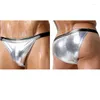 Underpants Sexy Men Plus Size U Convex Pouch Shiny Briefs G-string Smooth Thongs Low Rise Underwwear Faux Leather Gay Wear F15