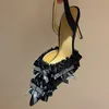 Zapatos de tacón de aguja con remaches de seda para mujer, zapatos de tacón alto con punta puntiaguda y encaje con cristales, zapatos de boda para fiesta de primavera y verano para novia