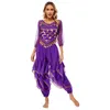 Stage Wear Womens Belly Dance Performance Outfit Costume Sequined Long Sleeve Chiffon Tops Self-tie Back Irregular Hem Crop Top With Pants