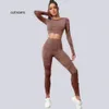 Seamless Washed Yoga Sets Sports Fitness Peach Hiplifting High Waist Pants Longsleeved Suit Workout Gym Leggings Set for Women 240226