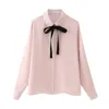 Women's Blouses Girls Single Breated Turn-Down Collar Casual Satin Feeling Loose Tops Womens Fashion Bow Lace Up Tie Spring Pink Long Shirts